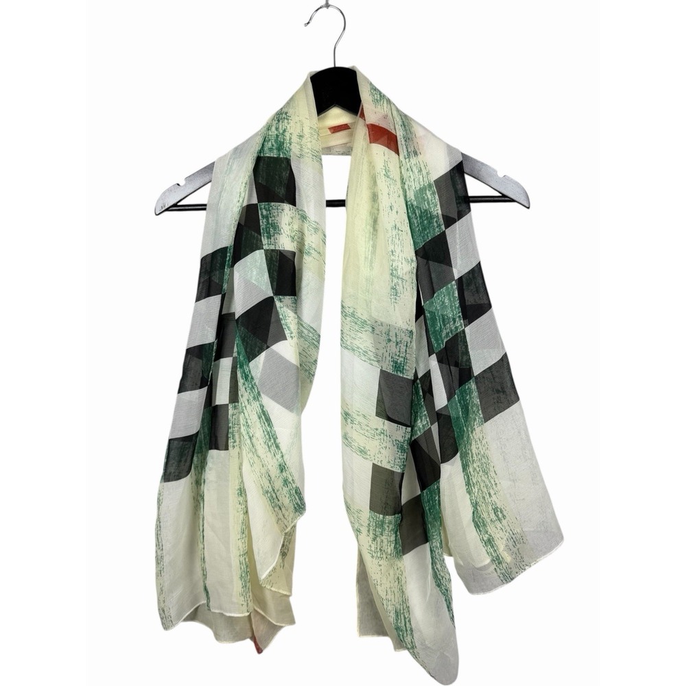 Authentic Burberry 100% Silk Scarf Green Ivory Check Print Shawl Wrap, Sz 50x52